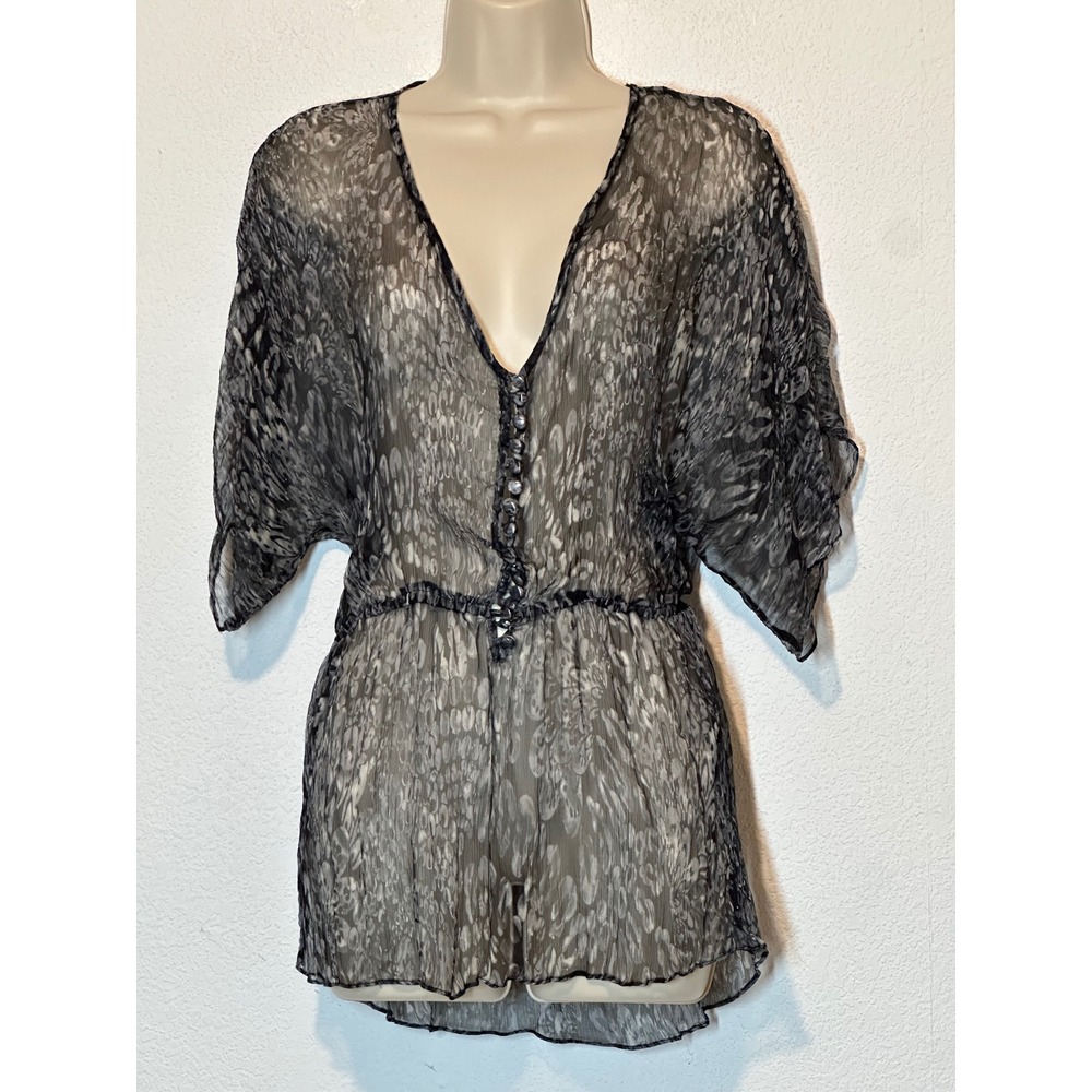 Gibson 100% Silk Sheer Abstract Print V-Neck Blouse Grey Black Small SSC54134E